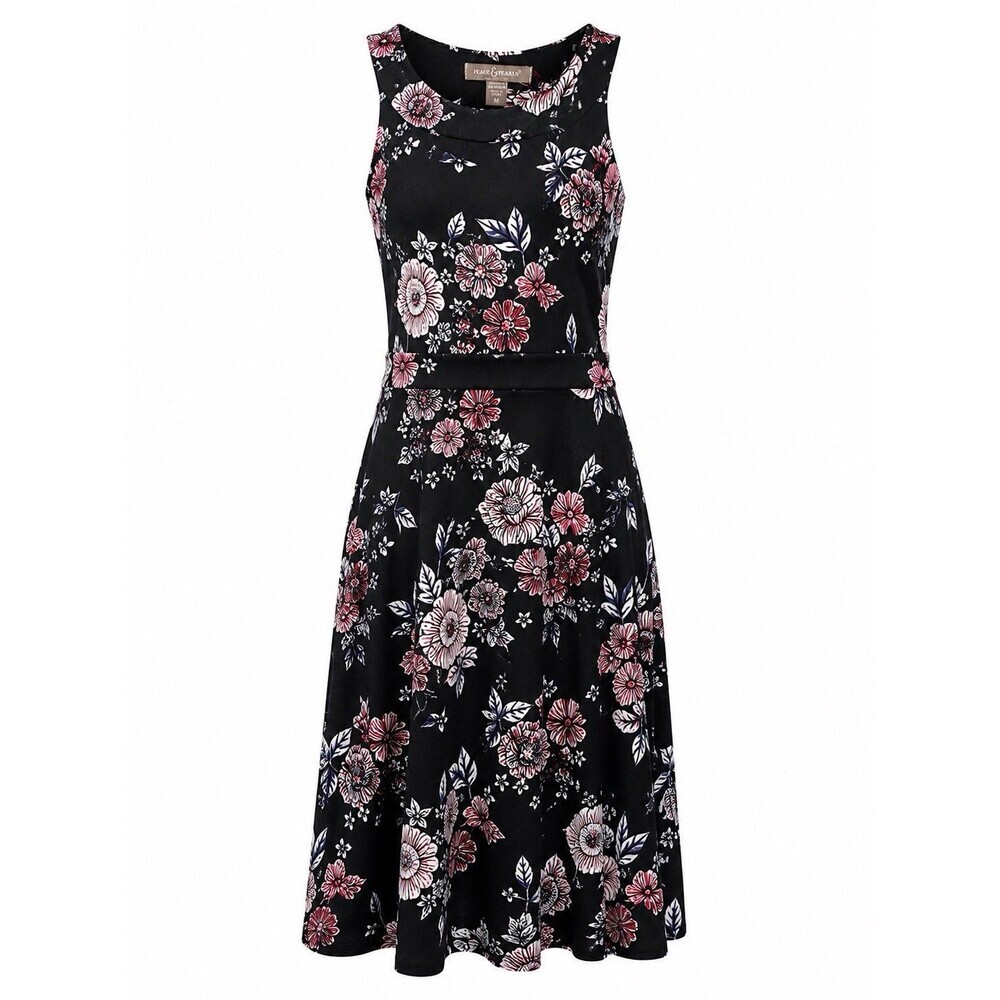 Peace & Pearls Black Floral Tank  A-Line Fit & Flare W/ shelf bra -Dress M